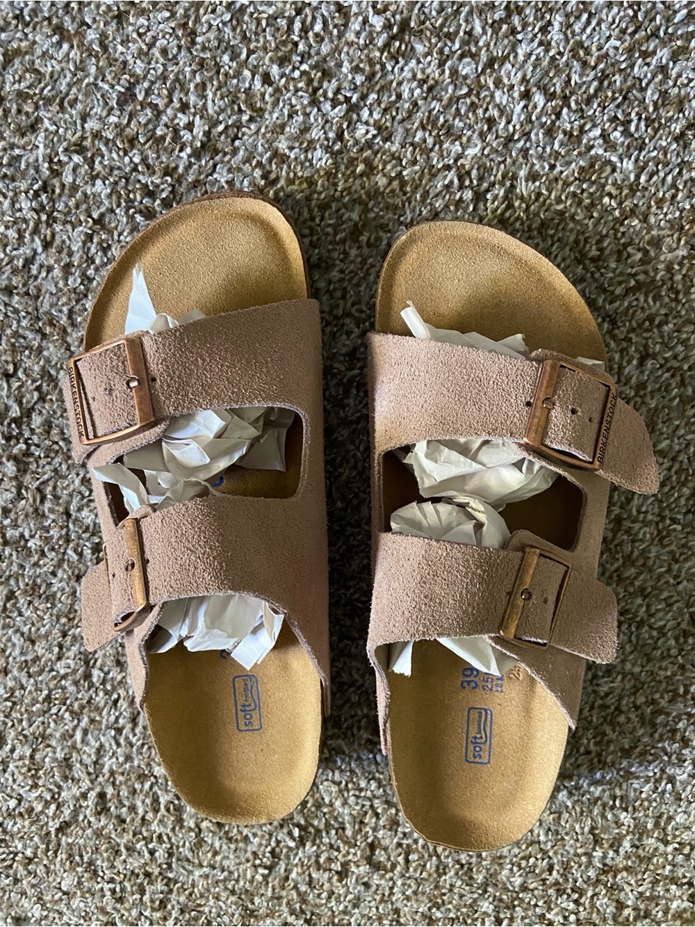 Birkenstock Two-Strap Suede Sandals in Taupe